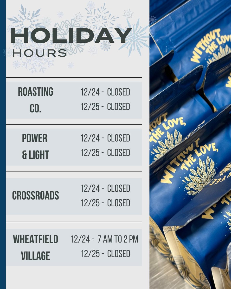 Happy holidays, everyone! The PT's team has been hard at work this year, and it's time for a break! As we prepare to celebrate the season with our loved ones, we want to share our upcoming holiday hours with you.

Swipe to see the full schedule➡️

#withouttheloveitsjustcoffee