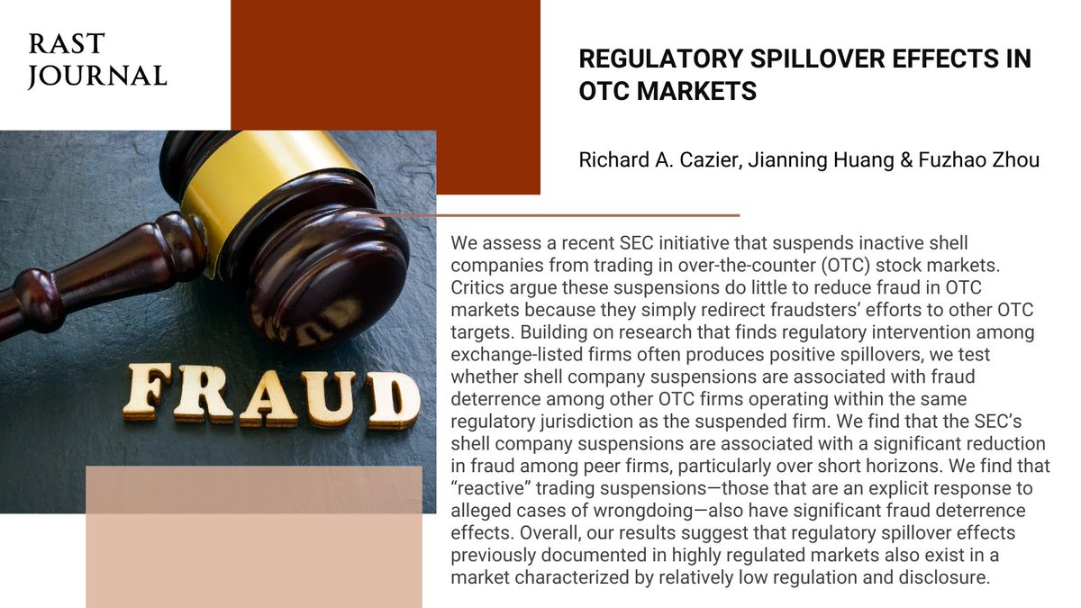 Does the SEC's initiative to suspend inactive shell companies reduce fraud in OTC markets? Study shows these suspensions lead to significant fraud deterrence among peer firms, even in low-regulation markets. #DecemberIssue rdcu.be/d4dkq