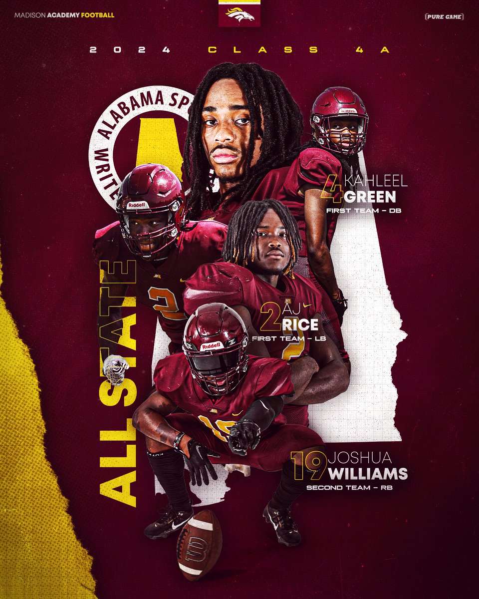 Madison Academy Football (@mamustangsfb) on Twitter photo ALL βοΈ STATE βοΈ MUSTANGS
Congrats to our 3 Seniors that made the ASWA 4A All-State Team!
First Team
AJ Rice - Linebacker <a href="/AjRice3/">Aj Rice</a>
Kahleel Green - DB <a href="/Kahleel2Green/">KahleelGreen</a>
Second Team
Joshua Williams - Running Back <a href="/JoshWilliams_6/">Joshua A.Williams19</a>
#BuiltByMA ALL βοΈ STATE βοΈ MUSTANGS
Congrats to our 3 Seniors that made the ASWA 4A All-State Team!
First Team
AJ Rice - Linebacker <a href="/AjRice3/">Aj Rice</a>
Kahleel Green - DB <a href="/Kahleel2Green/">KahleelGreen</a>
Second Team
Joshua Williams - Running Back <a href="/JoshWilliams_6/">Joshua A.Williams19</a>
#BuiltByMA