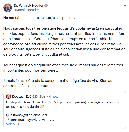 🍷 Il y a quelques semaines, le nouveau ministre Santé &amp; Accès aux soins Yannick Neuder s'était opposé à la hausse des taxes sur les alcools.

Il expliquait notamment qu'"on n’a jamais vu des profils arriver aux urgences avec un excès de consommation de Côtes-du-Rhône ou de