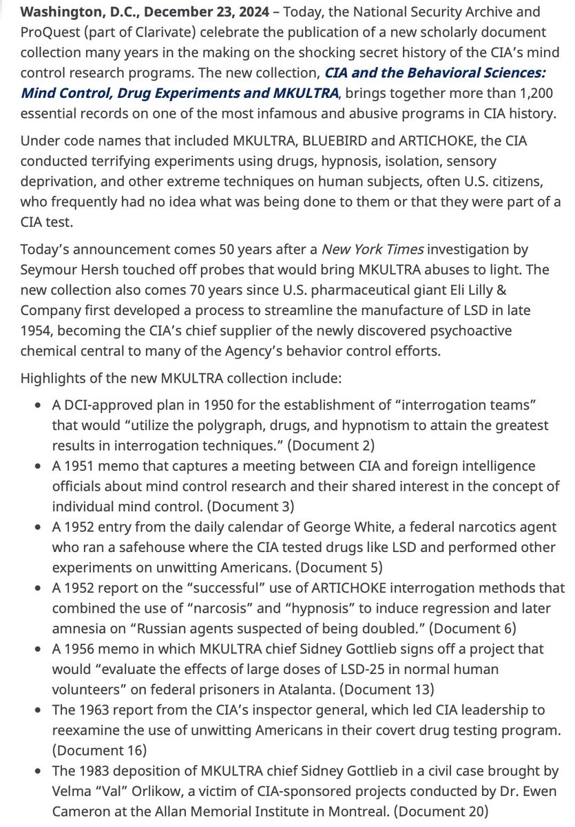 Today, <a href="/NSArchive/">NatlSecurityArchive</a> is making available a new collection of documents on CIA Behavior Control Experiments, including records on MKUltra. Most were originally assembled by John Marks, author of the 1979 classic, “The Search for the Manchurian Candidate.” 
nsarchive.gwu.edu/briefing-book/…