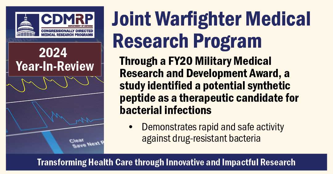 Funded through a study with the Joint #Warfighter Medical Research Program,  GATR-3, a synthetic peptide, demonstrated potential as a therapeutic candidate for treating drug-resistant bacterial infections.
For more information about the JWMRP, visit: cdmrp.health.mil/jwmrp/default.…