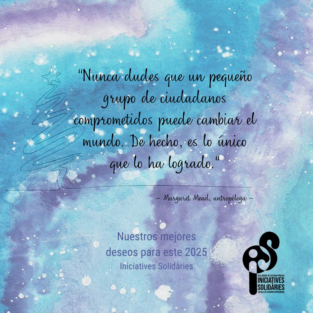 Iniciatives Solidàries (@ini_solidaries) on Twitter photo Desde Iniciatives Solidàries, queremos desearos unas felices fiestas. Este ha sido un año de muchos retos, pero también de mucha solidaridad. Gracias por acompañarnos un año más. Os esperamos en 2025 para continuar creciendo juntas.
¡Feliz 2025! Desde Iniciatives Solidàries, queremos desearos unas felices fiestas. Este ha sido un año de muchos retos, pero también de mucha solidaridad. Gracias por acompañarnos un año más. Os esperamos en 2025 para continuar creciendo juntas.
¡Feliz 2025!