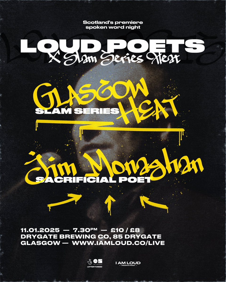 Hey Glasgow!

Sign-ups for our Slam Series heat at Drygate on 11th Jan close at midnight on New Year's Eve! Put your name in the hat before the bells drop: forms.gle/KbTGjK6fGhBX5B…

And book your tickets to see the action: eventbrite.co.uk/e/loud-poets-s…