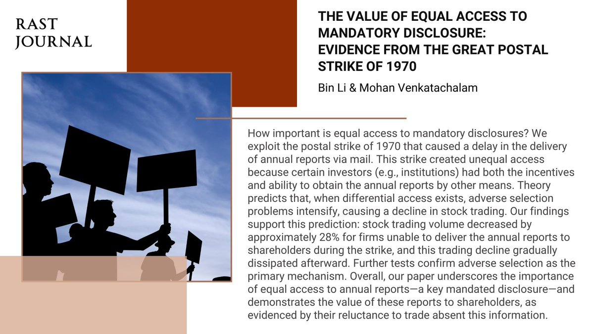 Unequal access to mandatory disclosures harms capital markets. Study shows that a 1970 postal strike reduced trading volume by 28%, highlighting the impact of information asymmetry on investor behavior. bit.ly/3VVCg2P #OpenAccess