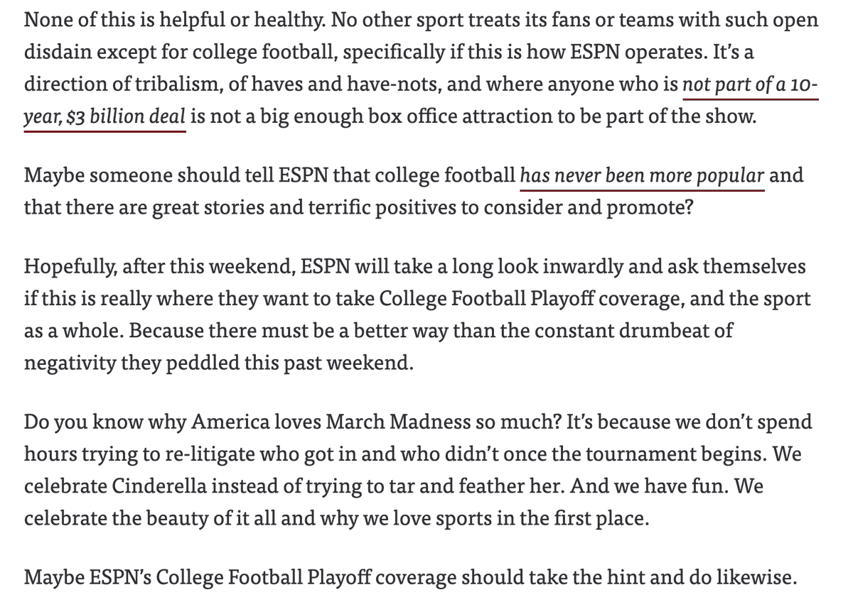 Absolutely spot-on writing here. There are 134 D1 football teams and ESPN goes out of its way to tell fans of all but 12-18 of them that they don't matter.