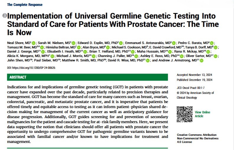 PCCTC investigators and colleagues collaborate on Implementation of Universal Germline Genetic Testing Into Standard of Care for Patients With Prostate Cancer (JCO Oncol Pract) pubmed.ncbi.nlm.nih.gov/39700441/