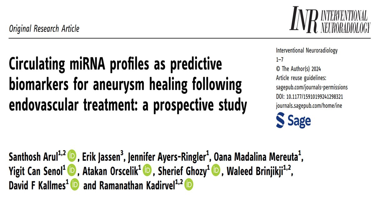 Mayo Clinic Neurovascular (@mcneurovasc) on Twitter photo 🚨You can now read our latest study! We uncover circulating miRNA profiles as predictive biomarkers for aneurysm healing post-endovascular treatment, shedding light on key pathways like fluid shear stress & apoptosis. Read more: bit.ly/3PacPa8
<a href="/SheriefGhozy/">Sherief Ghozy, MD</a> @wbrinjikji 🚨You can now read our latest study! We uncover circulating miRNA profiles as predictive biomarkers for aneurysm healing post-endovascular treatment, shedding light on key pathways like fluid shear stress & apoptosis. Read more: bit.ly/3PacPa8
<a href="/SheriefGhozy/">Sherief Ghozy, MD</a> @wbrinjikji