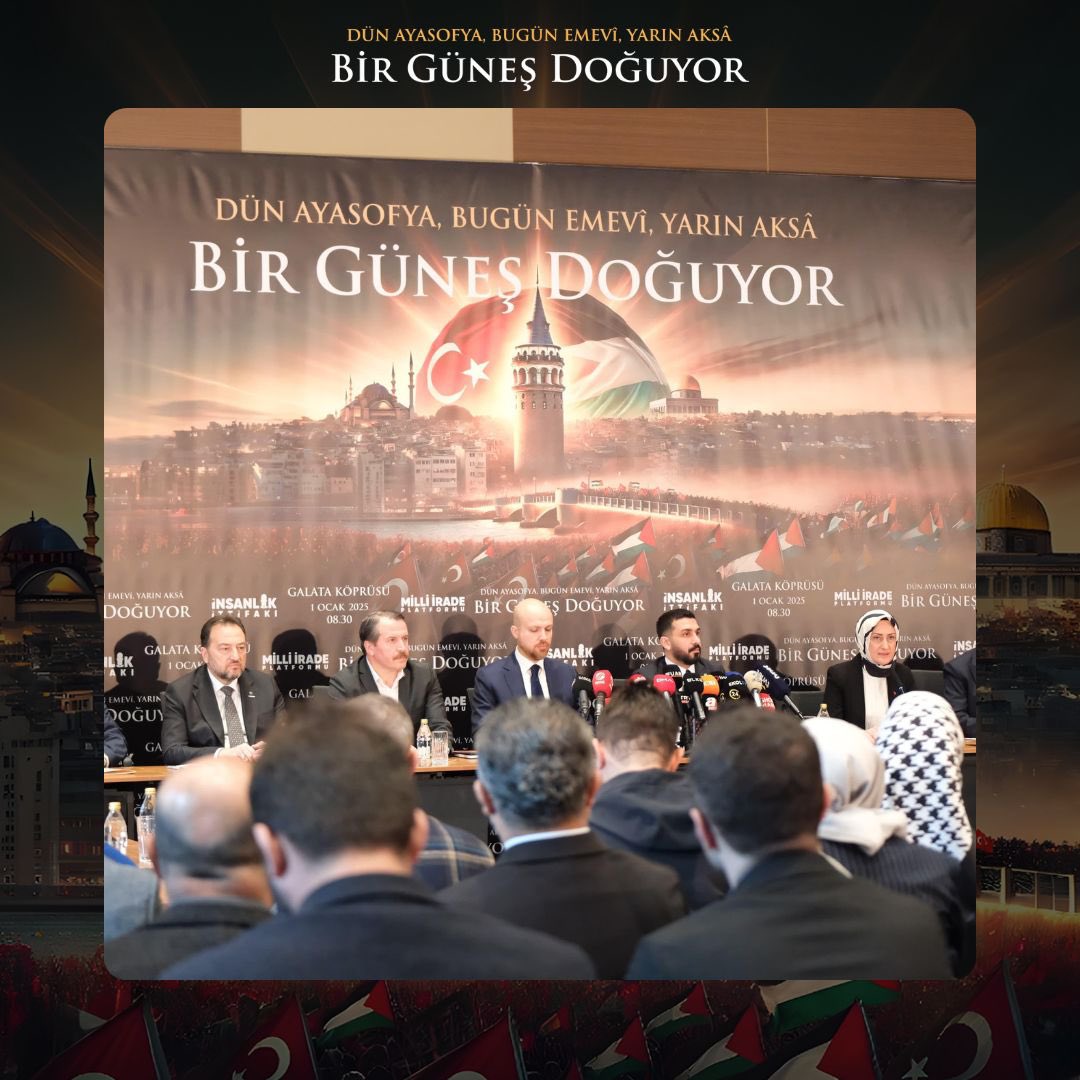 🇵🇸 Mazlumun duası ol, adaletin sesi ol!
📍 1 Ocak’ta Galata Köprüsü’nde buluşuyoruz.
Bu yürüyüş, insanlık için bir adım olacak.

#BirGüneşDoğuyor
