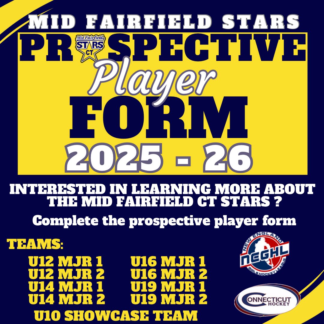 Interested in learning more about the Mid Fairfield CT Stars? Fill out the Prospective Player form:

docs.google.com/forms/u/1/d/e/…

Teams:

U10 Showcase Team
U12 MJR 1 &amp; MJR 2
U14 MJR 1 &amp; MJR 2
U16 MJR 1 &amp; MJR 2
U19 MJR 1 &amp; MJR 2

The Stars participate in the CHC and NEGHL Leagues