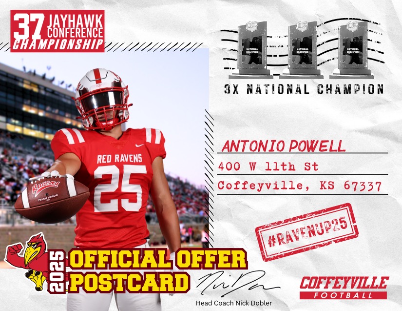 After a great conversation with <a href="/CoachGibbs_/">Michael Gibbs</a>, I'm blessed to receive an Offer from <a href="/Red_Raven_FB/">Coffeyville Football</a> <a href="/coachfloyd33/">Stuart Floyd</a> <a href="/CoachHatchCCHS/">Preston</a> <a href="/ChadSlade62/">Chad Slade</a> <a href="/JakeHelveston/">Jake Helveston</a> @BigManFactory <a href="/RecruitBigClay/">Clay-Chalkville Football Recruiting</a> <a href="/CCHSfootbal/">Clay-Chalkville Football</a> #COE