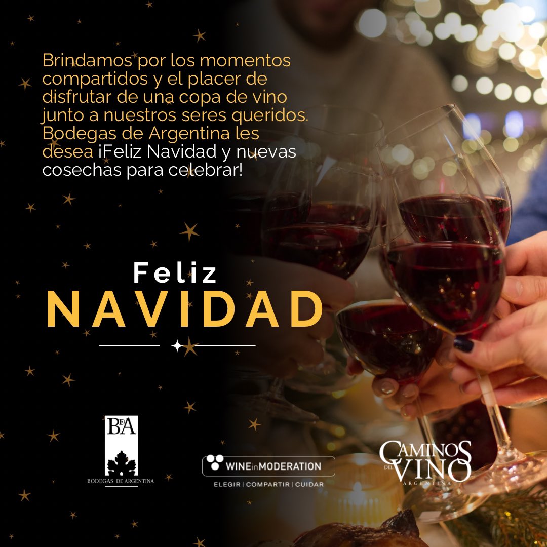🍷✨ Celebramos los momentos compartidos y el placer de brindar con una copa de vino junto a quienes más queremos. 🎄 Desde Bodegas de Argentina, les deseamos una ¡Feliz Navidad! 🎁🍇 y muchas nuevas cosechas para disfrutar. 🌟