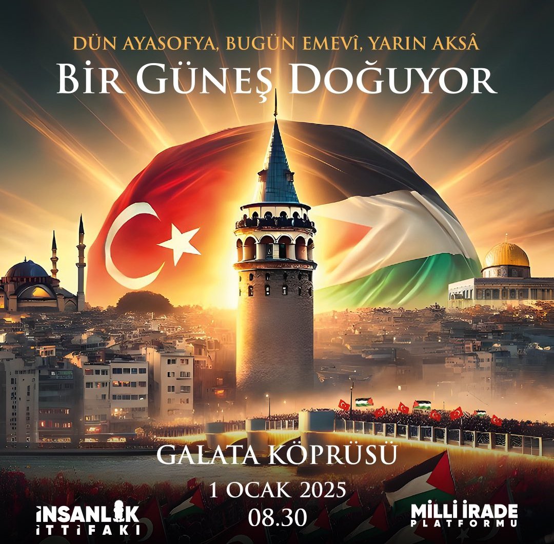 kasm_baykar's tweet photo. “Dün Ayasofya, bugün Emevî, yarın Aksa”

Yüzbinlerce kişi Galata Köprüsü’nde buluşacak.

🗓️1 Ocak 2025
📍Galata Köprüsü
🕙08.30 #BirGüneşDoğuyor https://t.co/uhZpHFgDb8