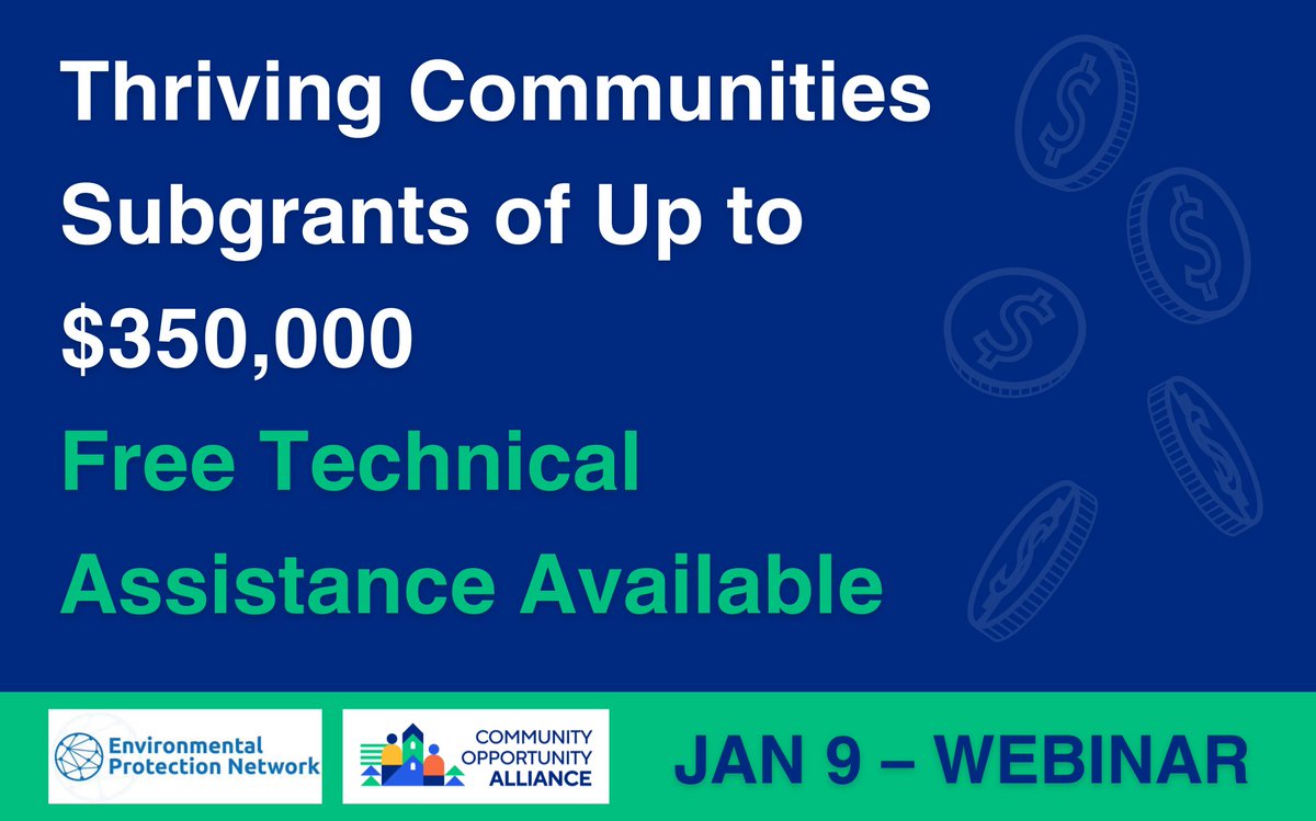 CommOppAll's tweet image. 📢 Free Webinar! 
Learn about TA resources available to apply for @EPA subgrants of $75K-$350K through the Thriving Communities Program.
Register now: bit.ly/Alliance-EJ-We…
🗓️ Jan 9: Overview of TA Available for Subgrants
🗓️ Feb 10: Overview of TA for Grant Management &amp;amp; Budget…