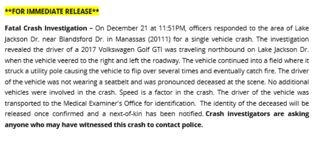 PWCPolice's tweet photo. *FOR IMMEDIATE RELEASE: #PWCPD is currently investigating a death following a   single vehicle #crash on Lake Jackson Dr near Blandsford Dr, in #Manassas around 11:50pm on December 21. The investigation is continuing. More info; https://t.co/hMhfv0gHSR