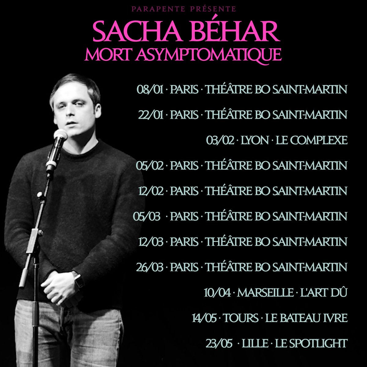 Reprise du spectacle au BO Saint-Martin le mercredi 8 janvier à 21h + 4 dates à Lyon, Marseille, Tours et Lille.

Pour réserver :
linktr.ee/sachabehar