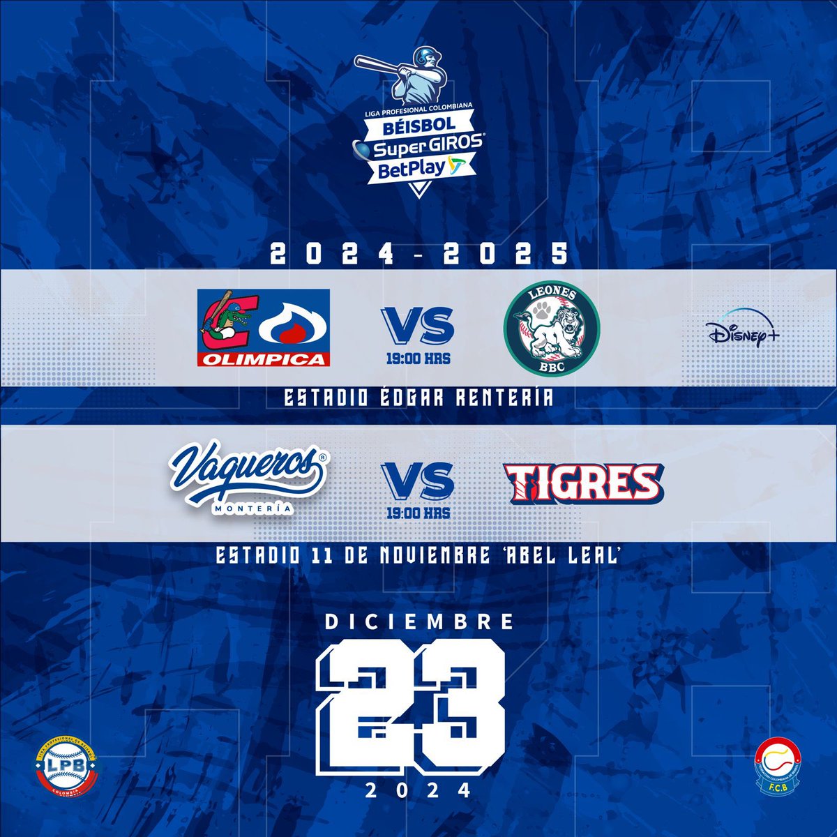 Nos vemos en la jornada del día 👏🏻 antes de iniciar las fiestas navideñas 🎄
📍Estadio Edgar Rentería 🏟️
<a href="/caimanesLPB/">Caimanes de Barranquilla</a> 🆚 <a href="/leonesbbccol/">Leones BBC</a> 
Trasmitido por Disney+📲
📍 Estadio 11 de noviembre “Abel Leal”
<a href="/Beisbolvaquero/">Vaqueros de Montería🤠⚾🔥</a> 🆚 <a href="/tigresdectg/">Tigres de Cartagena</a> 
🤩🔜