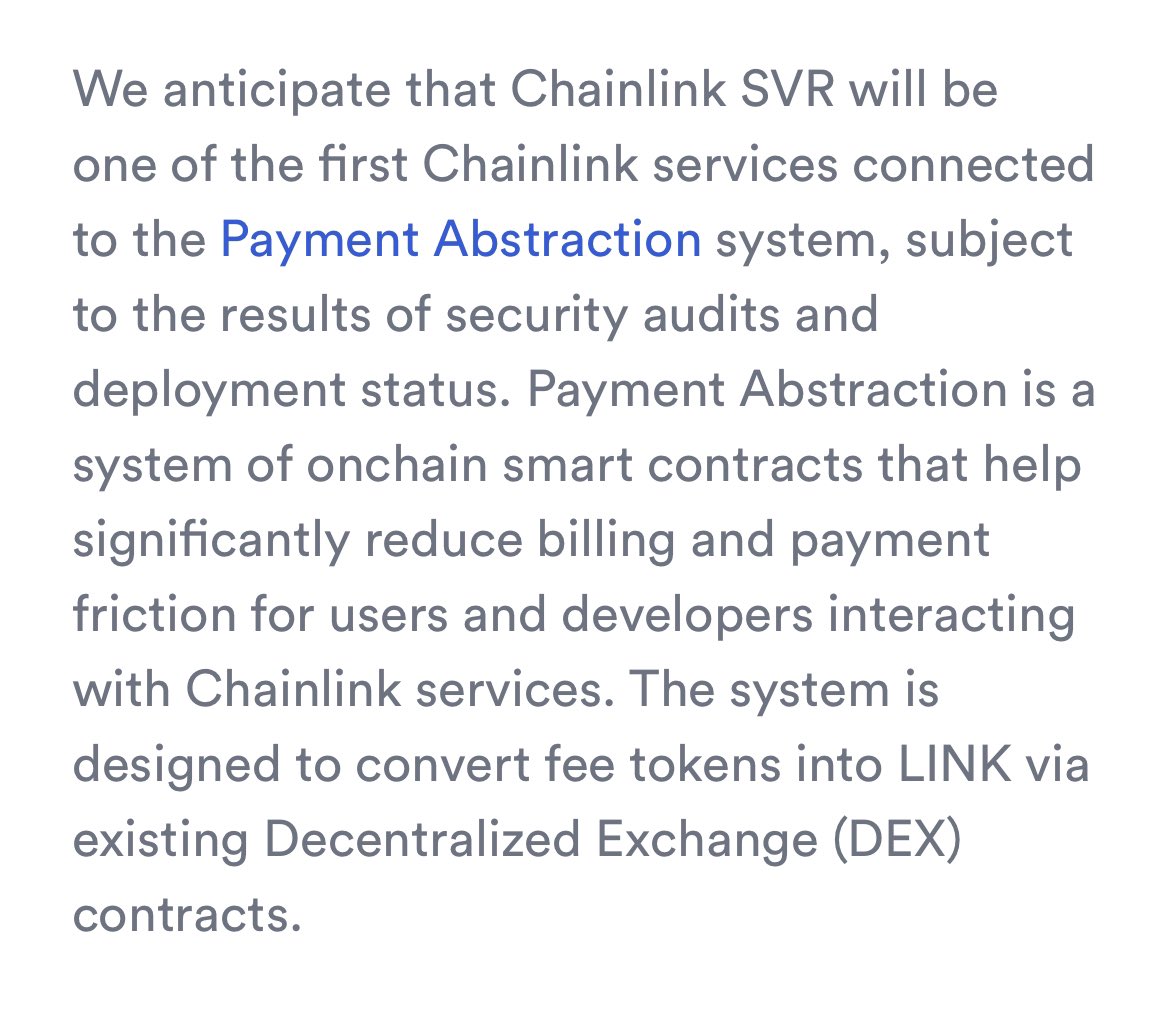 ChainLinkGod's tweet photo. Very bullish development for $LINK and $AAVE with the introduction of @Chainlink’s new non-toxic MEV recapture solution 🔥

Chainlink SVR (Smart Value Recapture)—designed to recapture liquidation MEV in DeFi—will feature a revenue split between integrating DeFi protocols and the Chainlink Network

The standard revenue split rate will be 60% to the integrating DeFi protocol as a new source of revenue, and 40% to the Chainlink Network to support the economic sustainability of oracles

Based on the long-standing relationship between the @Aave and Chainlink communities (~5 years of production usage) and Aave’s role as the first user of Chainlink SVR,

The near-term revenue split proposed to Aave is 65% to the Aave ecosystem and 35% to the Chainlink Netowrk, for the first 6 months—pending approval by the Aave DAO community

Liquidation MEV in DeFi is measured in the tens of millions of dollars per year, presenting a significant economic opportunity for both communities 

Chainlink SVR is also planned to be one of the first Chainlink services to plug into the Payment Abstraction system, enabling the Chainlink Network share of the split to be converted into $LINK using existing DEXs

The net result is the creation of more sustainable economics around the oracle-related, non-toxic MEV generated by DeFi protocols and the oracles that power them