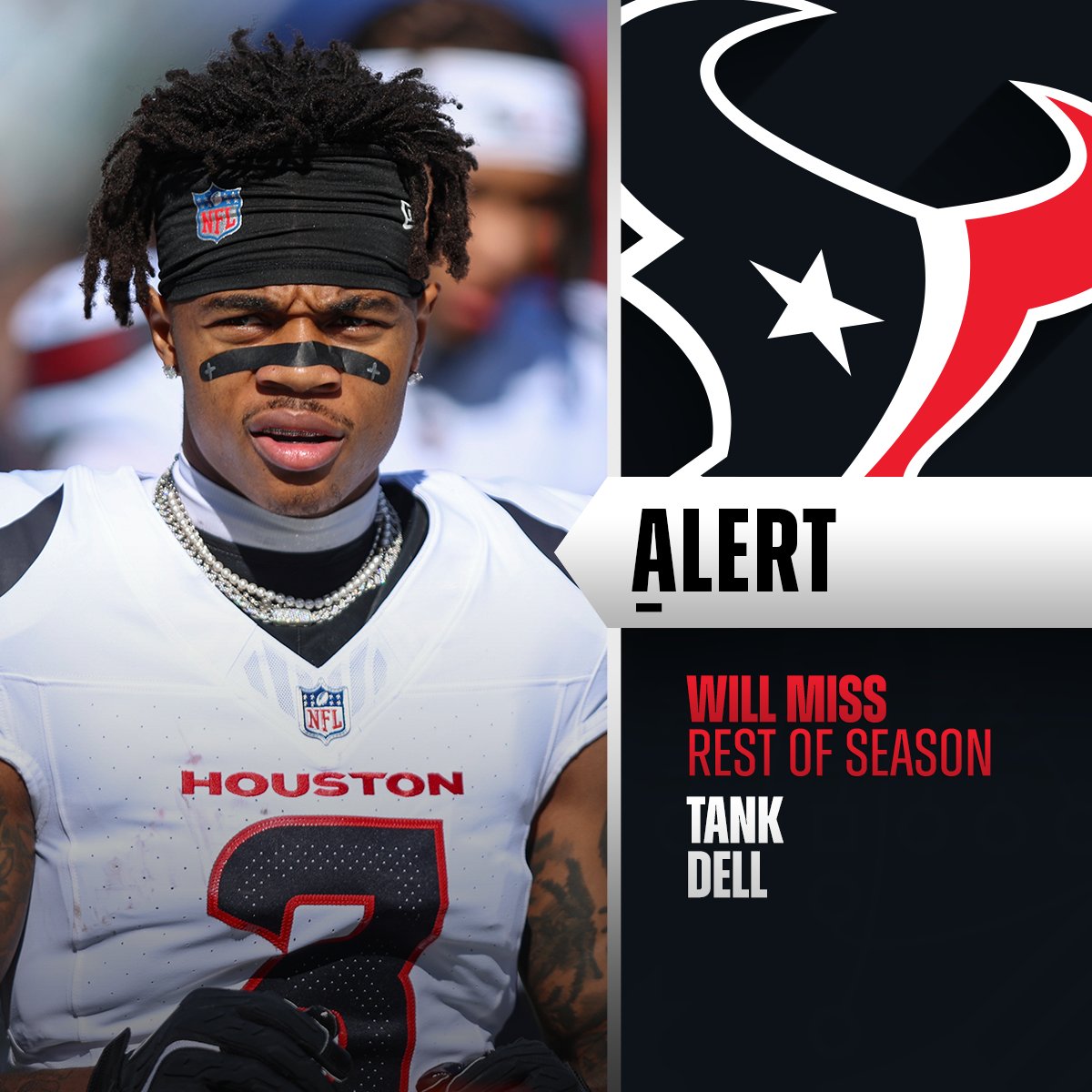 Texans HC DeMeco Ryans says WR Tank Dell suffered dislocated kneecap, torn ACL and other damage; will undergo season-ending surgery.