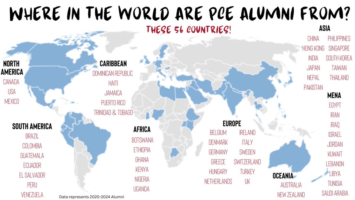 As an internationally recognized program, Program in Clinical Effectiveness students have come from all over the world! In the last five years alone, PCE Alumni come from 56 countries. Do you see your country represented below?