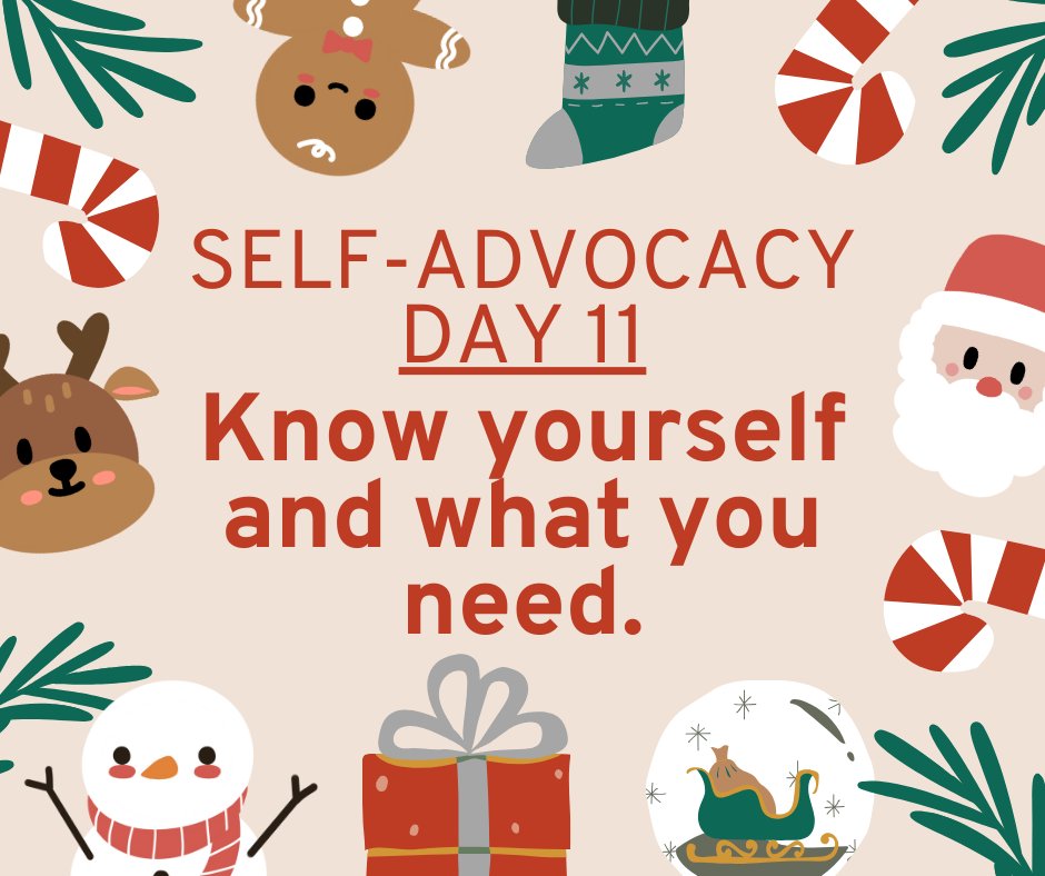 OklahomaYLF's tweet photo. Self-Advocacy Day 8:
Share what you are feeling with close family, friends or even a therapist for support.

Photo is of pine branches, candy canes, stocking, Santa, snowman, sled. gift. and ginger bread man. https://t.co/KM469EodCi