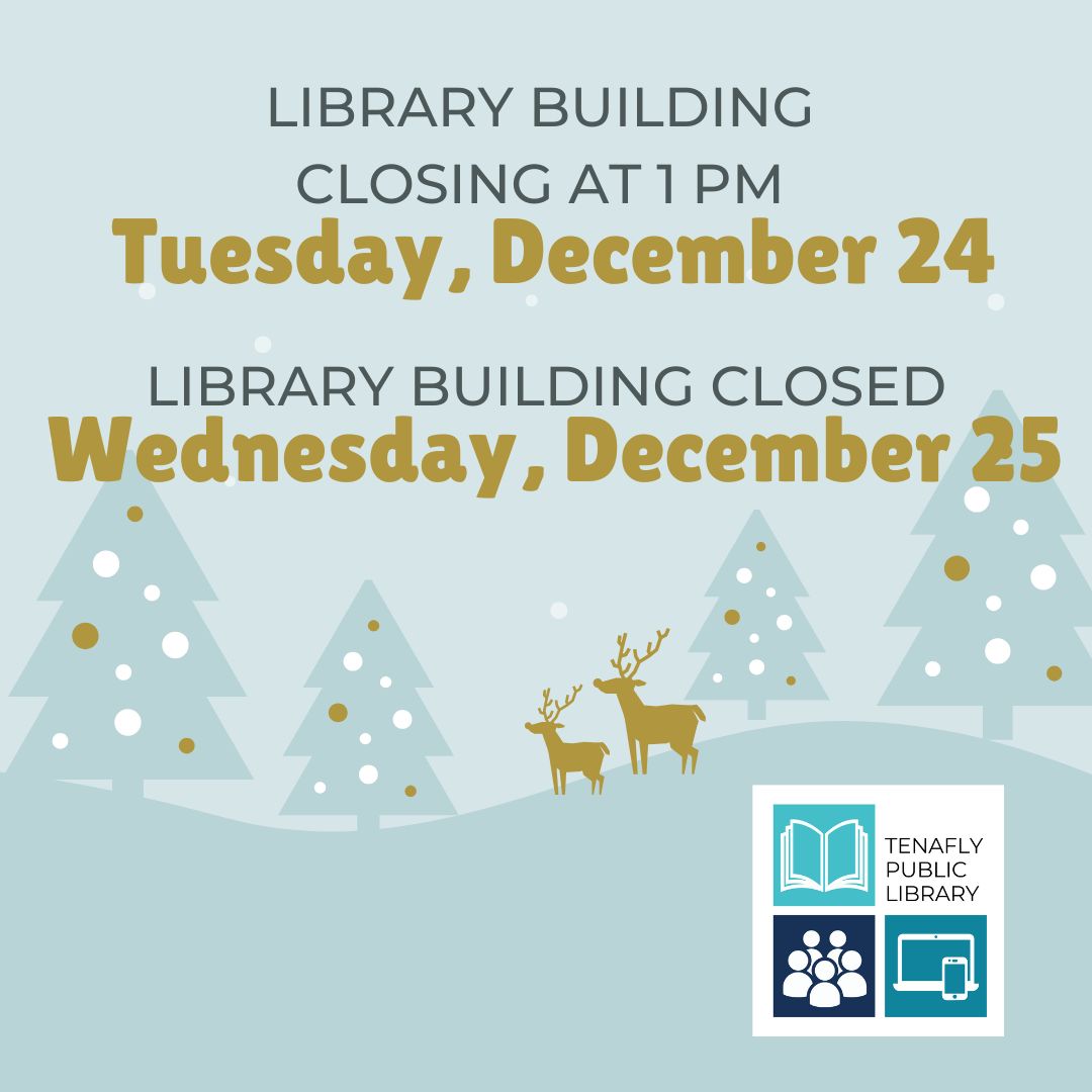 While we're taking a break on Tue, 12/24 (closing at 1 pm) &amp; Wed, 12/25 to celebrate Christmas, our eLibrary is always open. 📚💻 Dive into ebooks, magazines, audiobooks, &amp; more from the comfort of your home. 😊✨ Learn more at tenaflylibrary.org/elibrary #eLibrary #DigitalReading