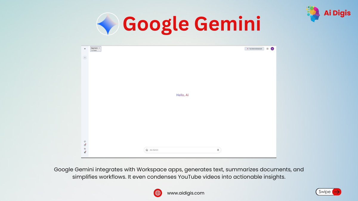 AiDigis's tweet photo. Google Gemini is here to revolutionize workflows! 🔄 Seamlessly integrate Workspace apps, simplify docs, &amp; generate actionable insights. Dive into smarter AI tools: https://t.co/YGzj3f1DYD 🌐 #GoogleGemini #AIAssistant

#ai #aidigis #aitools https://t.co/EFaDBkC9uP