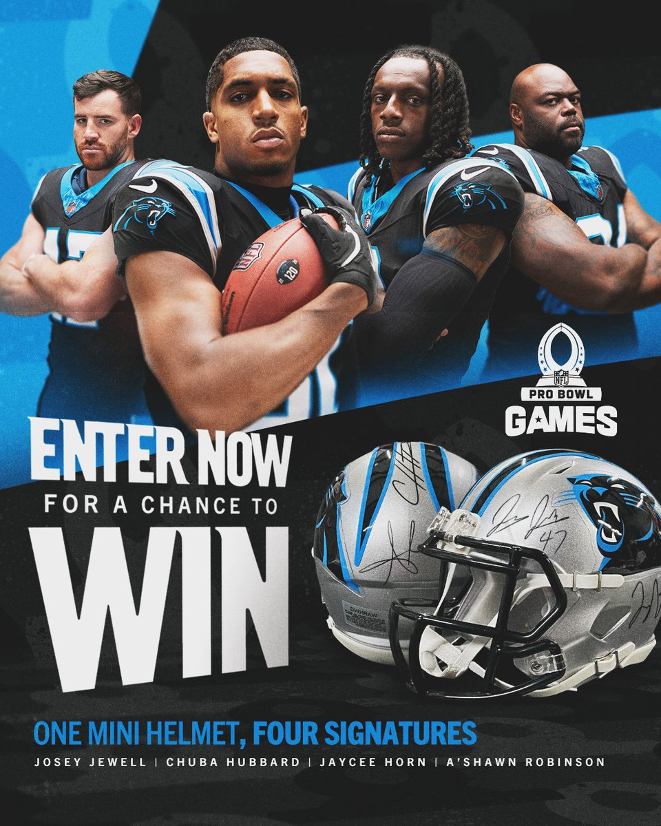 Carolina Panthers (@panthers) on Twitter photo Weβre giving you a chance to win a mini-helmet signed by Jaycee Horn, Josey Jewell, AβShawn Robinson and Chuba Hubbard.
π = 2x Pro Bowl votes today
Enter here:
bit.ly/40bnZ4Q
<a href="/AshawnRobinson/">AshawnRobinson</a>
<a href="/josey_jewell/">Josey Jewell</a>
<a href="/jayceehorn_10/">Jaycee Horn</a>
<a href="/Hubbard_RMN/">Chuba Hubbard</a>
<a href="/Damienlewis72/">Damien Lewis</a>
<a href="/44DoubleJ/">JJ Jansen</a> Weβre giving you a chance to win a mini-helmet signed by Jaycee Horn, Josey Jewell, AβShawn Robinson and Chuba Hubbard.
π = 2x Pro Bowl votes today
Enter here:
bit.ly/40bnZ4Q
<a href="/AshawnRobinson/">AshawnRobinson</a>
<a href="/josey_jewell/">Josey Jewell</a>
<a href="/jayceehorn_10/">Jaycee Horn</a>
<a href="/Hubbard_RMN/">Chuba Hubbard</a>
<a href="/Damienlewis72/">Damien Lewis</a>
<a href="/44DoubleJ/">JJ Jansen</a>