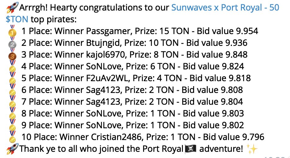 portroyalgame's tweet photo. To all @ton_blockchain  Pirates! 

💰The  50 $TON treasure have been won in a fierce auction game just now and all payments were made! 

Congrats pirates 🏴‍☠️, the next one is coming! #PortRoyalGame