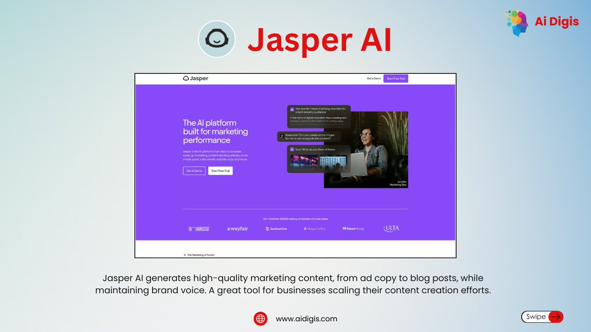 AiDigis's tweet photo. Elevate your marketing game with Jasper AI! 🚀 From blog posts to ad copy, create content that resonates with your brand voice. Trusted by businesses worldwide. Start now: https://t.co/YGzj3f1DYD 💡 #JasperAI #ContentMarketing https://t.co/m5cxo7KHzg