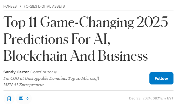 Unstoppable Domains (@unstoppableweb) on Twitter photo Awesome article today in <a href="/Forbes/">Forbes</a> by <a href="/sandy_carter/">Sandy.ATH; gm.Brave</a>
Also some great insight by <a href="/matthewegould/">matt.crypto | matt.pudgy | matt.sonic</a> ) - “Companies and communities will increasingly adopt their own TLDs (e.g., .BRAND), leveraging them to create immersive, loyalty-driven ecosystems in Web3 environments.”
<a href="/ForbesWeb3/">Forbes Web3</a> Awesome article today in <a href="/Forbes/">Forbes</a> by <a href="/sandy_carter/">Sandy.ATH; gm.Brave</a>
Also some great insight by <a href="/matthewegould/">matt.crypto | matt.pudgy | matt.sonic</a> ) - “Companies and communities will increasingly adopt their own TLDs (e.g., .BRAND), leveraging them to create immersive, loyalty-driven ecosystems in Web3 environments.”
<a href="/ForbesWeb3/">Forbes Web3</a>