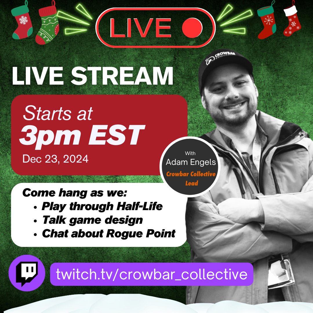 Holiday Stream TODAY! ❄⛄

Join Crowbar Collective Lead, Adam Engels, as he continues his playthrough of Half-Life!

Stream starts at 3pm EST.  You can watch it live on Twitch here: s.mtrbio.com/dvbuluvxhc