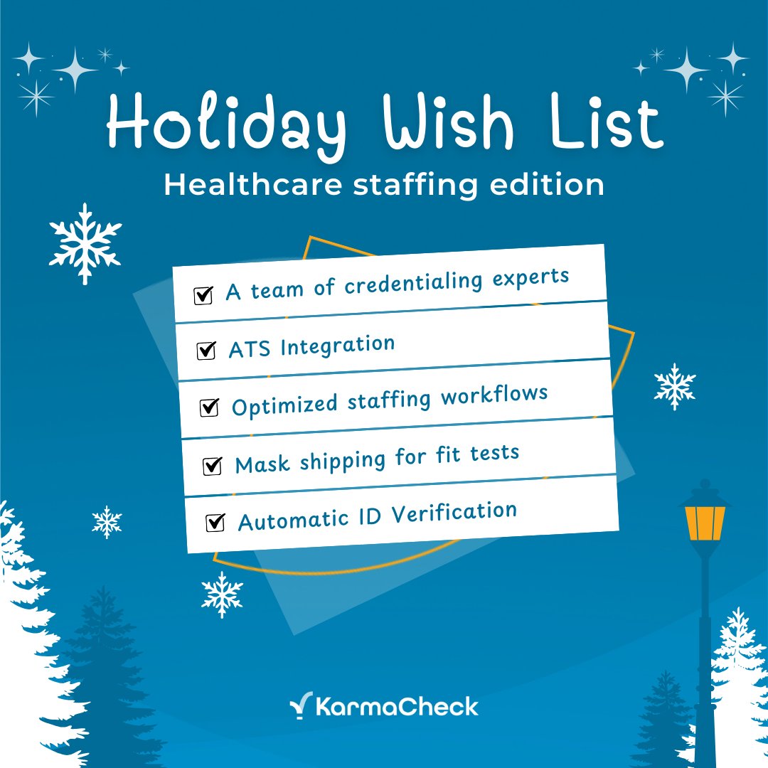The best present for your team this holiday season? 🎁 KarmaCheck’s screening and credentialing platform. Boost overall staffing, productivity, and excellence in the new year — give your team the gift of efficiency this holiday season. Get started at karmacheck.com/healthcare.