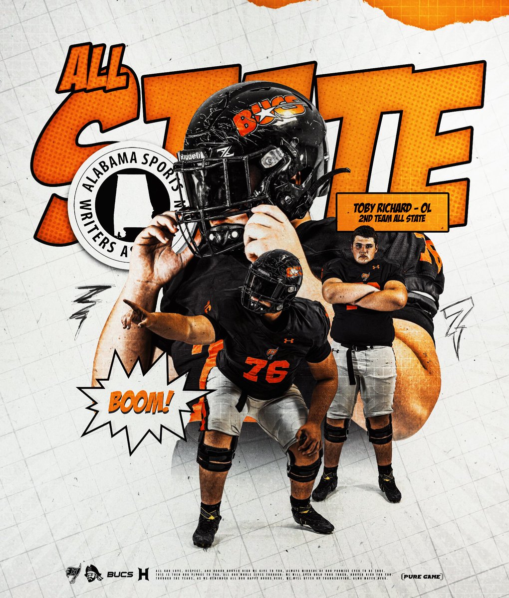 Three year starter Toby Richard is recognized as a 2nd Team All State selection by the ASWA! He has been a vital contributor up front for our football program during his time at Hoover. Go Bucs! #hoover #sailsup #family 🏴‍☠️🧡🖤🏴‍☠️