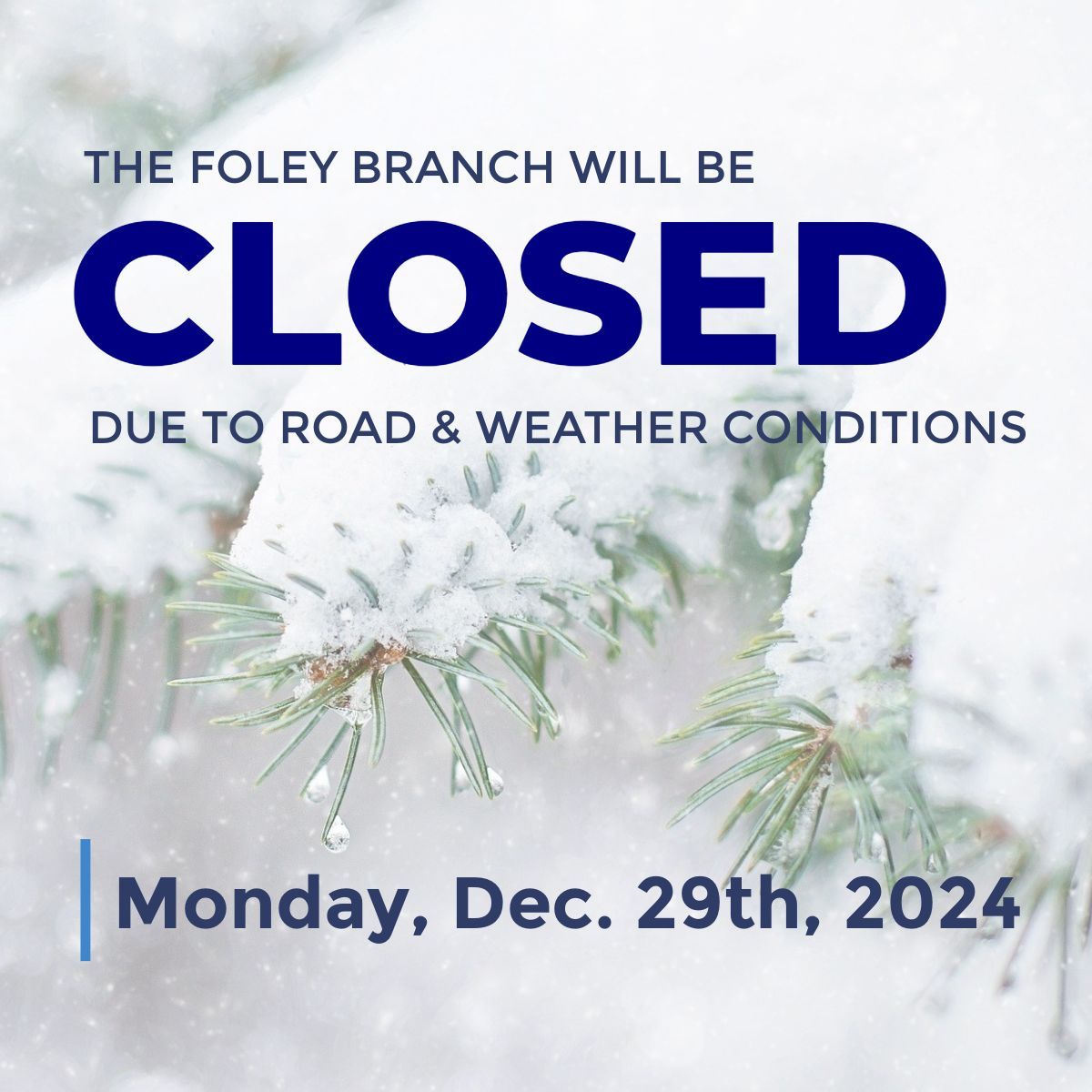SeguinPL's tweet photo. ❄️ The Foley Branch will be closed today, Monday, December 23rd due to poor road and weather conditions.  Please stay safe this holiday season. #seguinpubliclibrariesON #seguinON #drivesafe #libraryupdate https://t.co/AqZYq4vrig