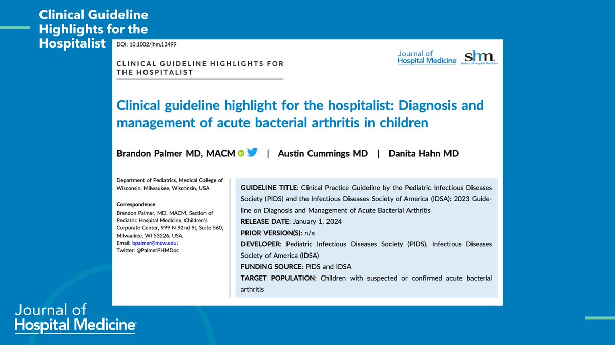 🩺❄️ Tap and treat! New clinical guidelines for diagnosing &amp; managing acute bacterial arthritis in children. Essential for hospitalists this winter! #PHMTwitter

🔗: doi.org/10.1002/jhm.13…
✍️: <a href="/PalmerPHMDoc/">Brandon Palmer, MD</a>, <a href="/MCWPHM/">MCW Pediatric Hospital Medicine</a>