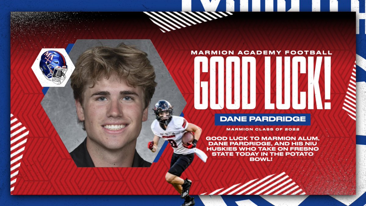 Good luck to Dane Pardridge '22 and the N.I.U. Huskies who take on Fresno State this afternoon in the Potato Bowl!  Have a day, Dane!  <a href="/DanePardridge/">Dane Pardridge</a> <a href="/MarmionFB/">Marmion Football</a> <a href="/CoachGuerra67/">Adam Guerra</a> <a href="/RickArmstrong28/">Rick Armstrong</a> <a href="/NIU_Football/">NIU Football</a>