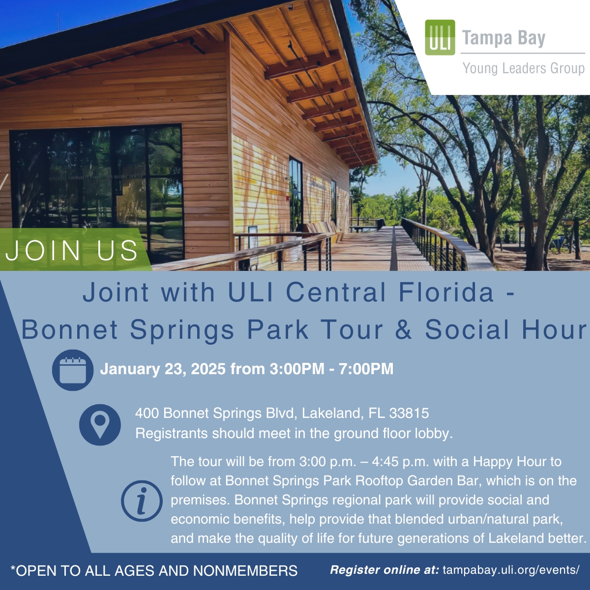 ULITampaBay's tweet photo. We invite all ULI members and friends to join us for an exclusive tour of Bonnet Springs Park on January 23 from 3PM - 7PM! We will be joining with ULI Central Florida for this event!

Register at: https://t.co/moLQh1OBIl

#ULITampaBay #BonnetSpringsPark #ULICentralFlorida https://t.co/0ZbL1uaGuE
