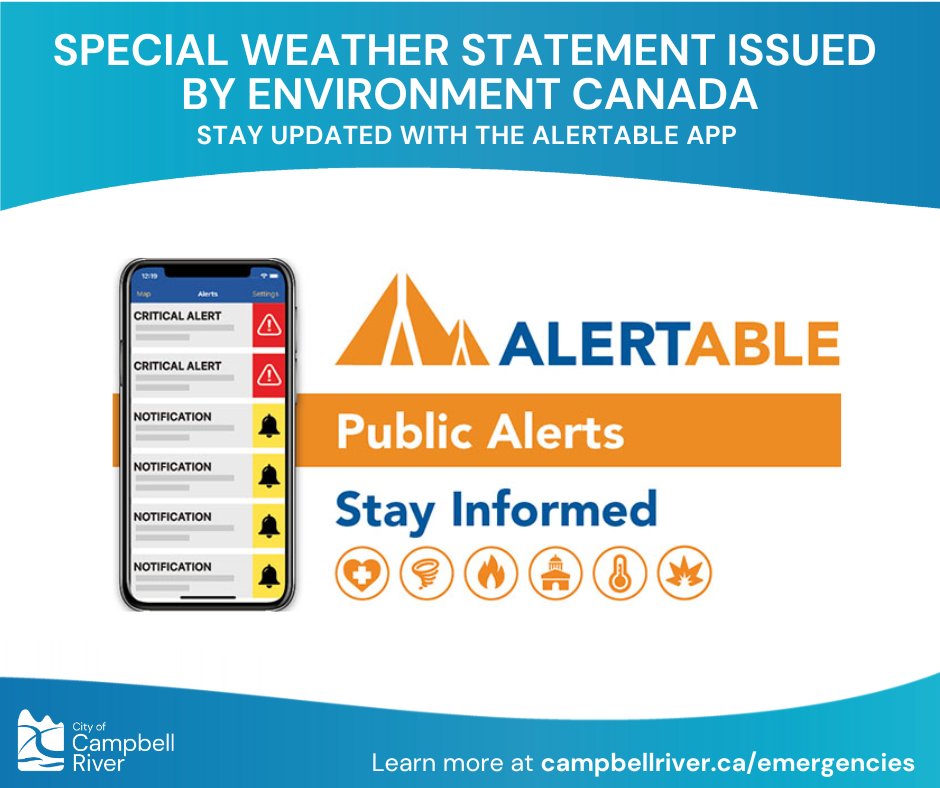 A series of storms will impact the BC South Coast and Vancouver Island starting Mon. Dec. 23, 2024. Download the free Alertable App to receive weather alerts directly from Environment and Climate Change Canada at heyor.ca/CFqfrT

Weather statement: heyor.ca/he2SaK