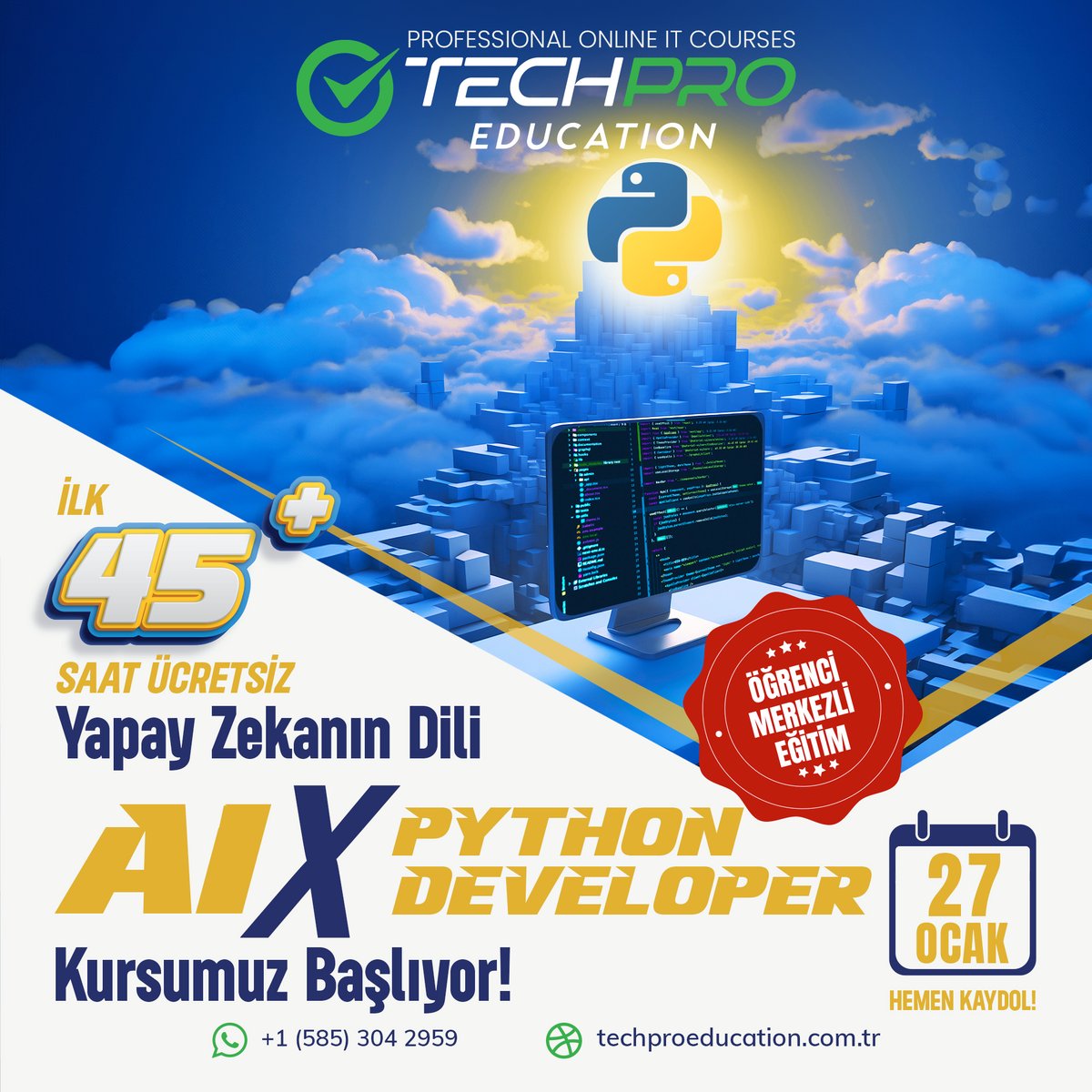 techproedu_tr's tweet image. 🎯 AI X Python Developer Kursumuz 27 Ocak&apos;ta Başlıyor!

🚀 Hayallerindeki yazılım kariyerine Python ile adım atarak geleceğini inşa et!

#PythonKursu #TeknolojiEğitimi #YapayZeka #WebGeliştirme #VeriBilimi