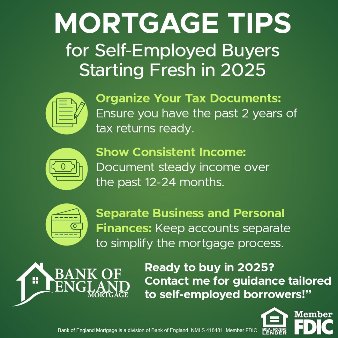 therealcjmclain's tweet photo. 💼 Self-employed? No problem! 🏡 Buying a home in 2025 is within reach with the right prep. Start organizing your tax returns, track steady income, and separate business from personal expenses.

📩 Let’s create a custom mortgage strategy for your unique financial profile—message https://t.co/vZg0DW7CcF