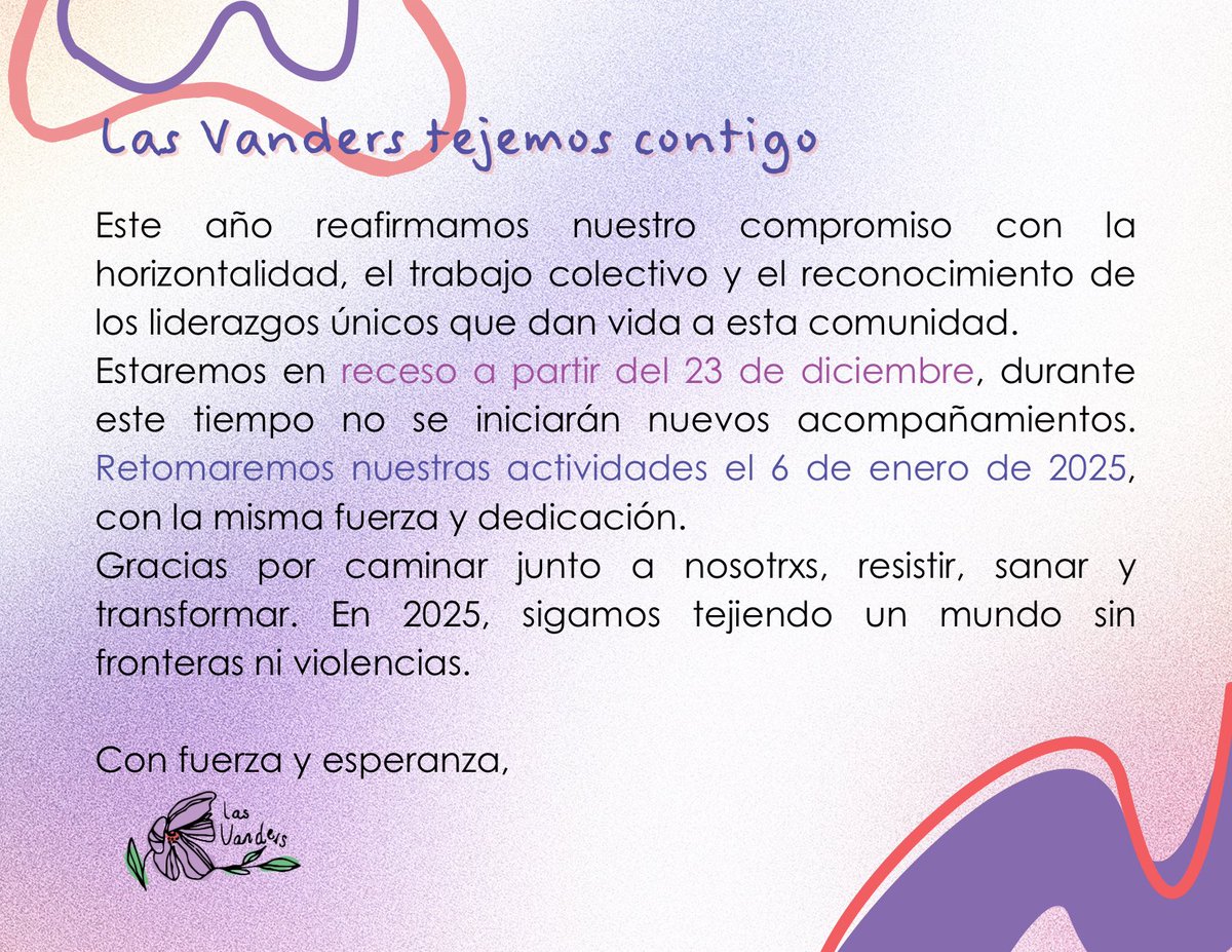 Nos tomamos un descanso del 23 de diciembre al 3 de enero. Cerramos un año de retos y aprendizajes, fortaleciendo la comunidad hacia un territorio sin fronteras ni violencias. 

¡Felices fiestas! Nos vemos en enero con más fuerza y esperanza.