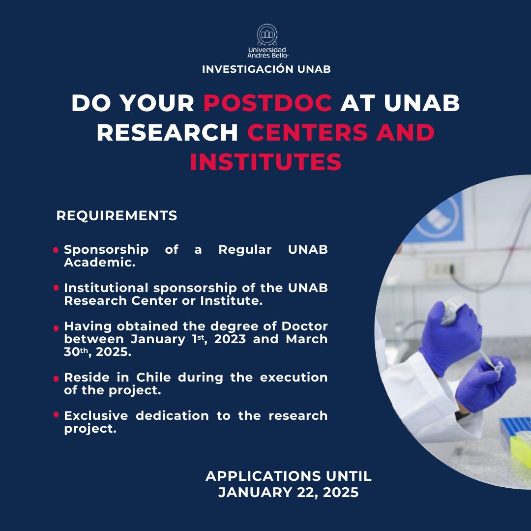 📢 We have extended the Ph.D. completion deadline!

Will you complete your Ph.D. before March 30th, 2025? 🎓 Apply to the UNAB Postdoctoral Talent Attraction Competition and join our Research Centers and Institutes.

📑 Find the guidelines here: lnkd.in/eNhMyXHi