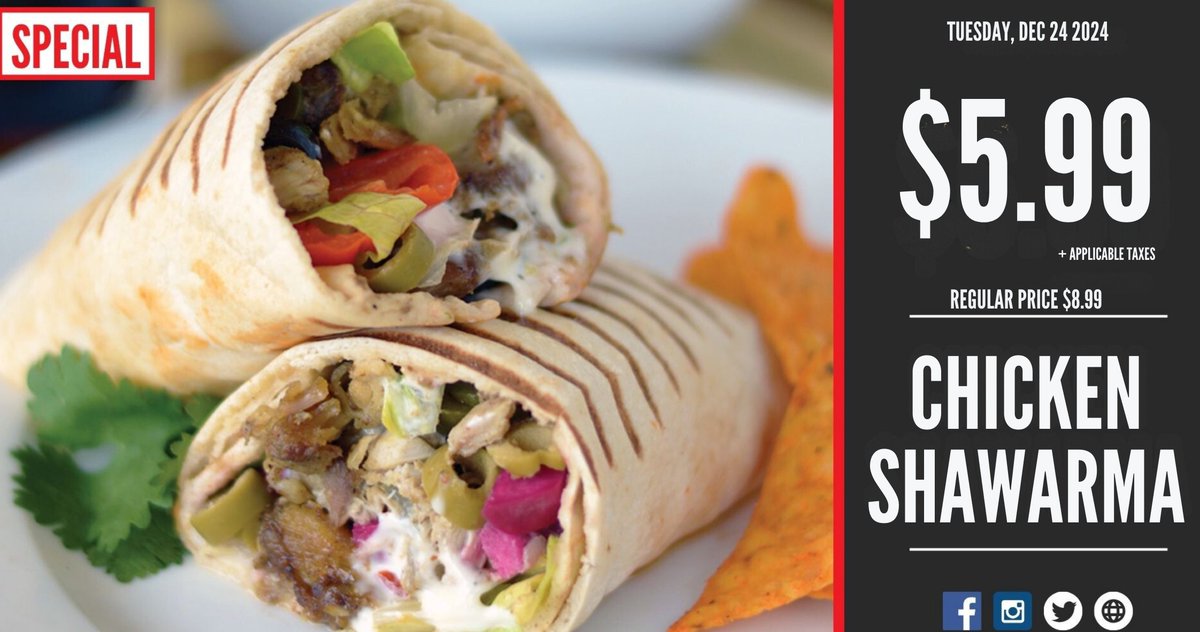LittleKabulfood's tweet photo. "Enjoy our Chicken Shawarma Wrap for just $5.99! 📣 Available only on Tuesday, Dec 24th, 2024. Don't miss out on this tasty deal! Visit https://t.co/wNoukWI0qg for more details." https://t.co/2apLrqd15Y