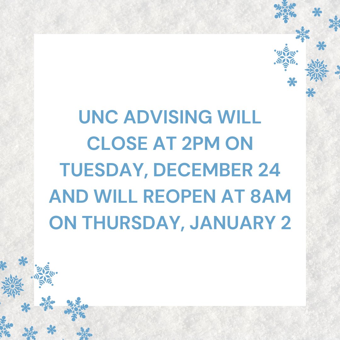 Drop-in advising hours will be cancelled on Tuesday, December 24 and all other services will be offered virtually only.