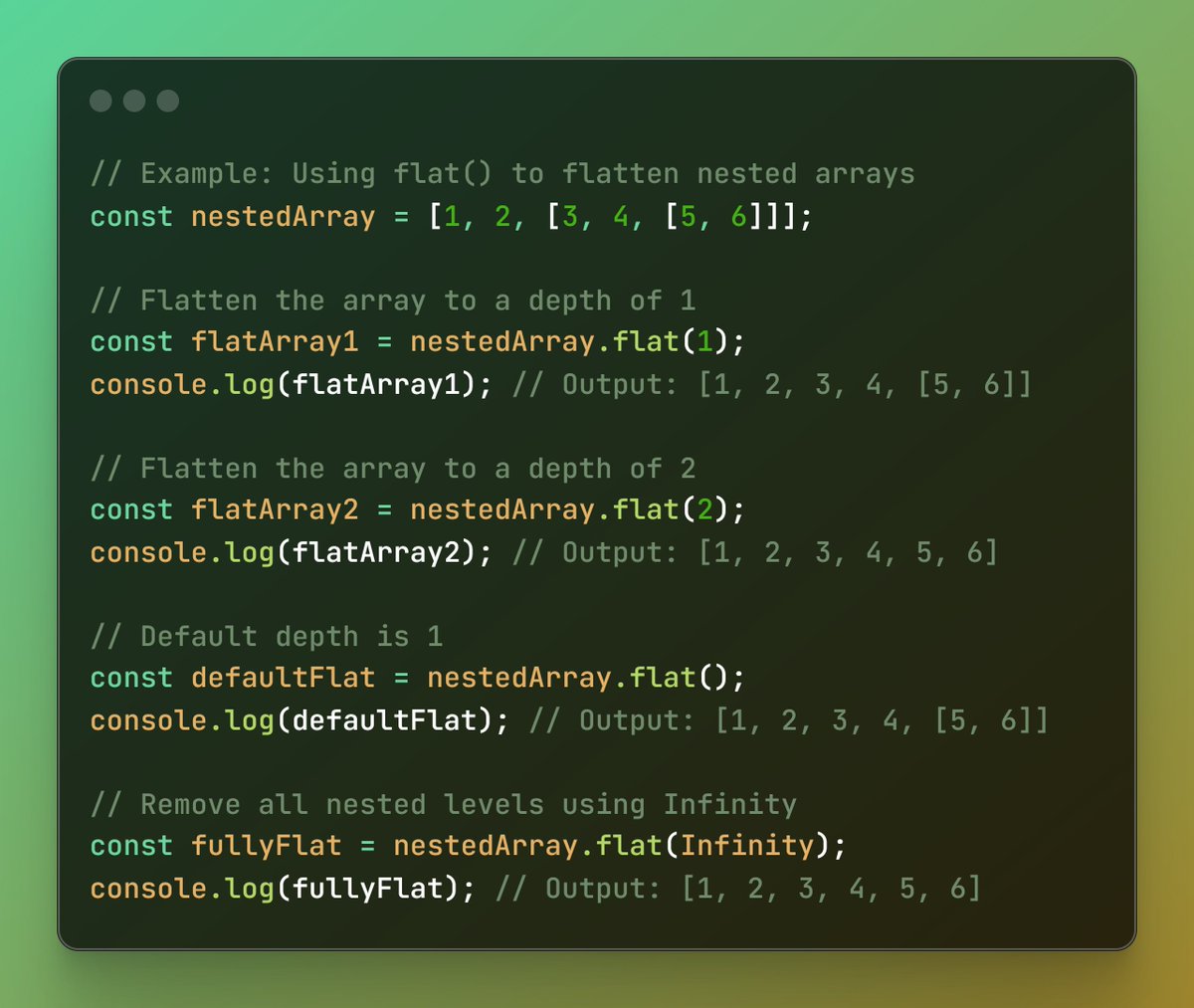 ScriptBinary's tweet image. flat() method in JavaScript :
📌The flat() method creates a new array by flattening the elements of the input array
📌You can specify the depth of flattening as an argument. default, is 1
Checkout more JS methods here:
scriptbinary.com/js/javascript-…
#webdeveloper #Coding #JavaScript