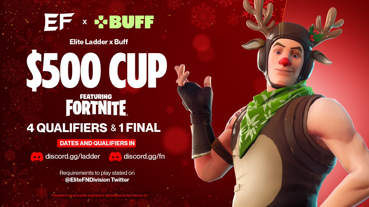 Elite Divisions (@elitefndivision) on Twitter photo Elite $500 Festive Cup! 🎄
Requirements to play:
- Follow <a href="/EliteFNDivision/">Elite Divisions</a> and @Elitescrims 📝
- Retweet + Like ♻️
- @ Your Trio 👥
Send proof of completing the steps above to discord.gg/ladder or discord.gg/fn - you will have one more requirement to complete Elite $500 Festive Cup! 🎄
Requirements to play:
- Follow <a href="/EliteFNDivision/">Elite Divisions</a> and @Elitescrims 📝
- Retweet + Like ♻️
- @ Your Trio 👥
Send proof of completing the steps above to discord.gg/ladder or discord.gg/fn - you will have one more requirement to complete