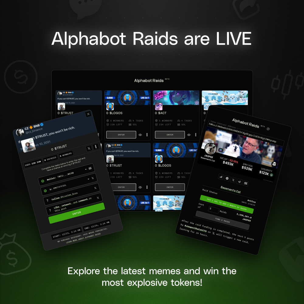 Presenting: RAIDS, by Alphabot 🪧

An ownerless, decentralized &amp; automated way for memecoins to build communities &amp; nurture engagement.

And a playground for degens to stack some W's.

Ready to see it in action? Start here: alphabot.app/raids