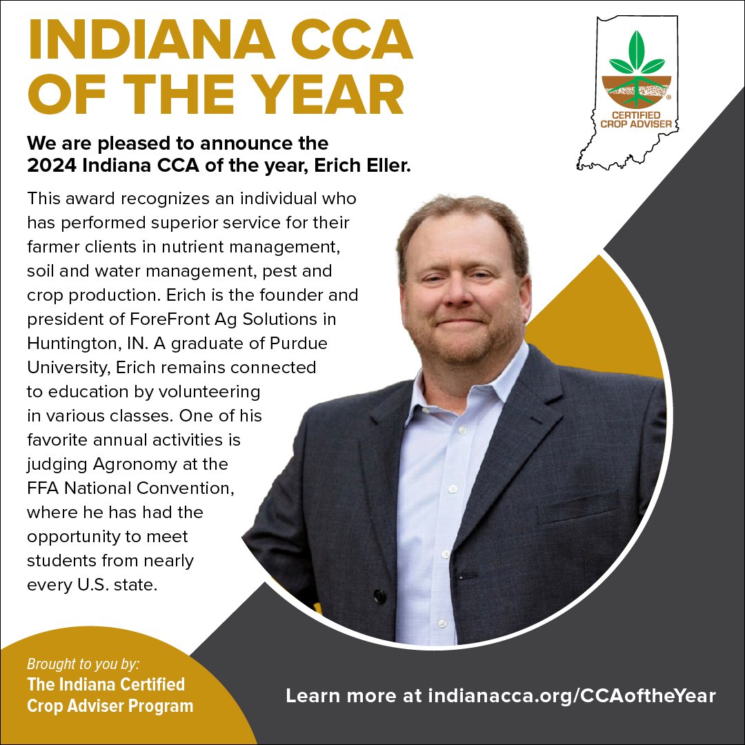 IndianaCCA's tweet image. We are pleased to announce the 2024 Indiana CCA of the year, Erich Eller.
To learn more about the Indiana CCA of the Year Award, please visit: indianacca.org/CCAoftheYear
#InCCA #InCCAoftheYear #CertifiedCropAdvisers