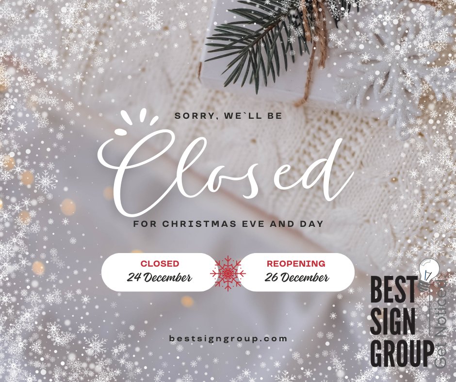 BestSignGroup's tweet image. BSG will be closed Tuesday and Wednesday for Christmas.  We will be open on Thursday, Dec. 26th at regular hours.  8-5.
